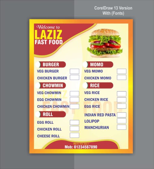 Resturant Fast Food Menu Card Design A4